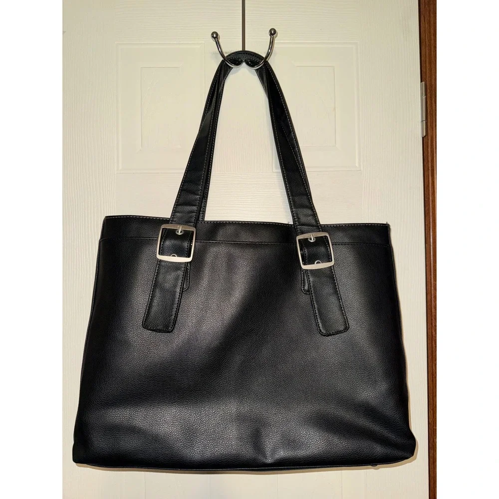 Solo Black Faux Leather Laptop Tote Bag Large Buckle Detail Blue Interior